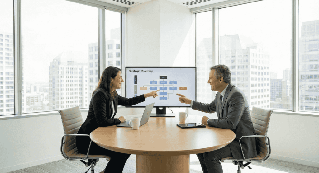 Professional consultation session between a woman and a man discussing a strategic roadmap, with a laptop and tablet on a round table, in a modern office setting with city skyline views.