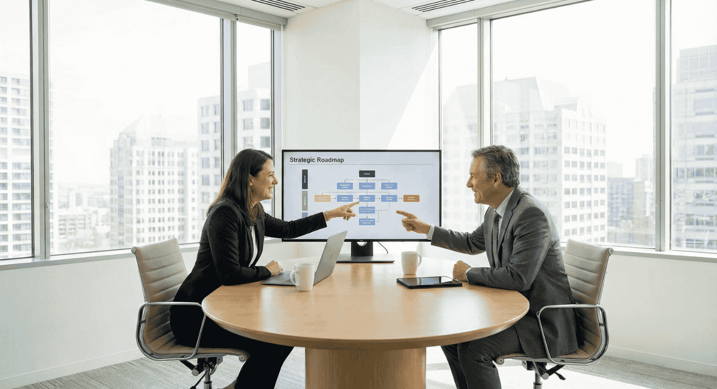 Business professionals collaborating in a modern conference room, discussing a strategic roadmap displayed on a screen, emphasizing legal case preparation and consulting strategies.