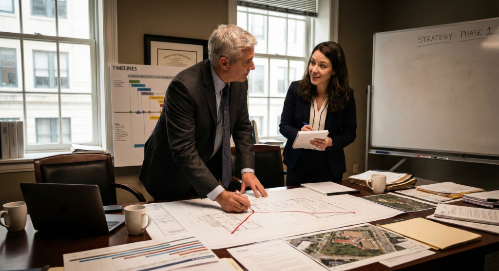Business professionals discussing legal strategy over documents and plans in an office setting, emphasizing collaboration and evidence-based case development.