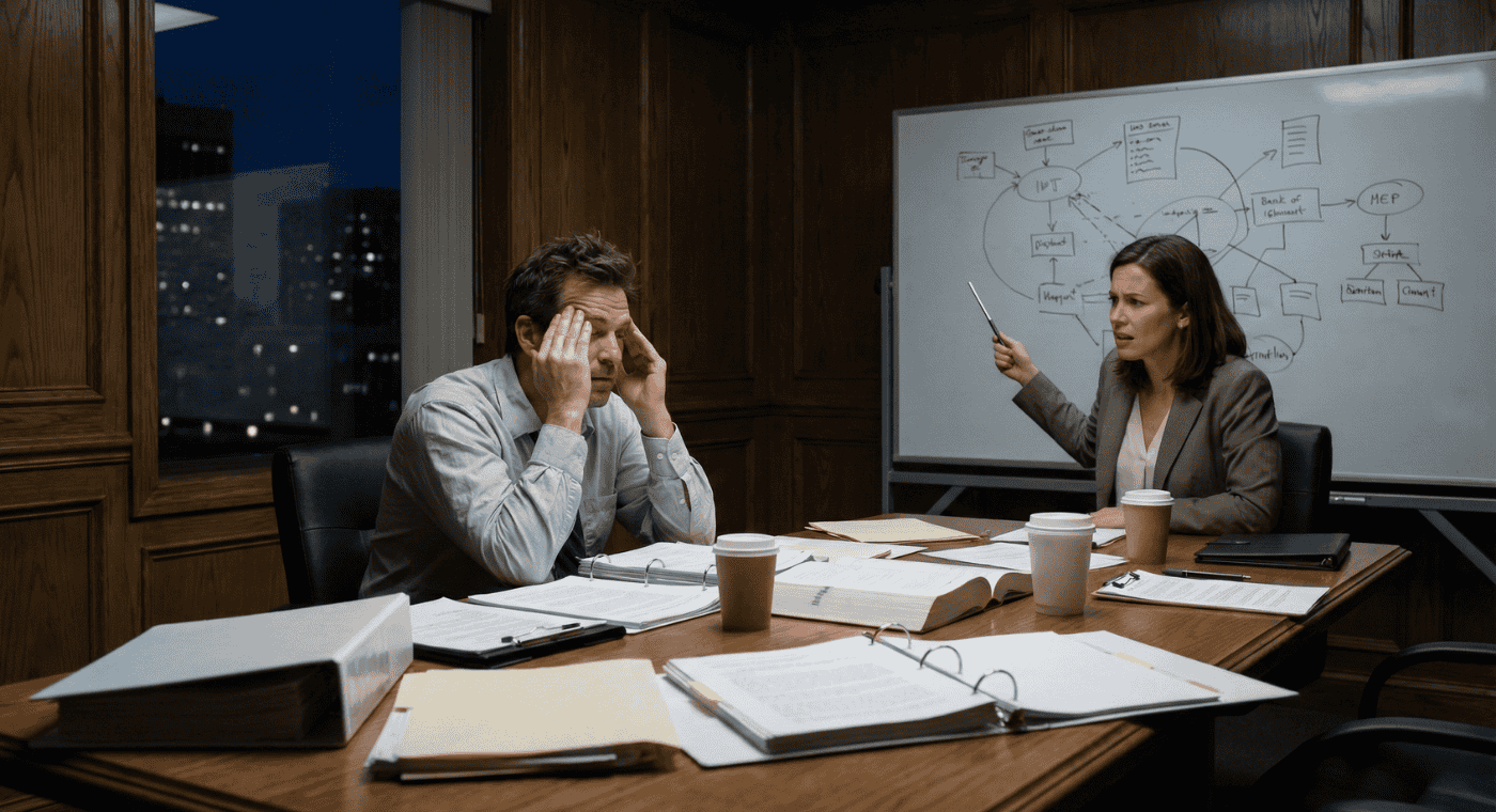 Man with stressed expression and woman pointing at whiteboard with legal strategy diagram in office setting, symbolizing expert consultation and case preparation.
